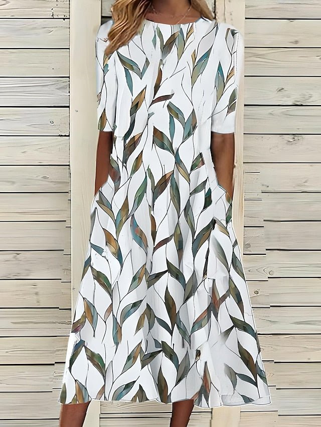 Women's A - Line Midi Floral Summer Dress with High Neck - Lexians