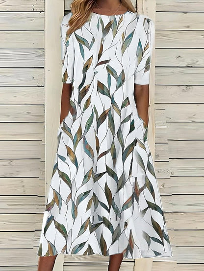 Women's A - Line Midi Floral Summer Dress with High Neck - Lexians