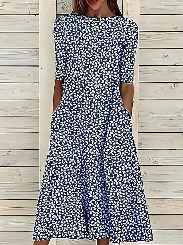 Women's A - Line Midi Floral Summer Dress with High Neck - Lexians