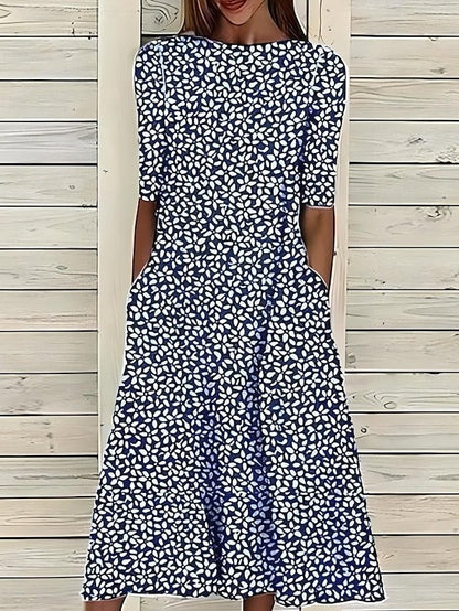 Women's A - Line Midi Floral Summer Dress with High Neck - Lexians