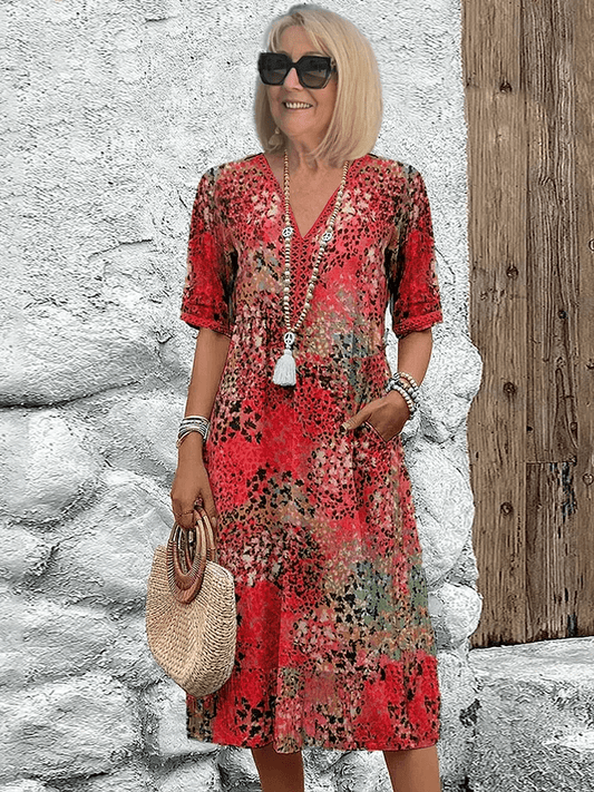 Women's Abstract Print Summer Dress with Side Pockets - Lexians
