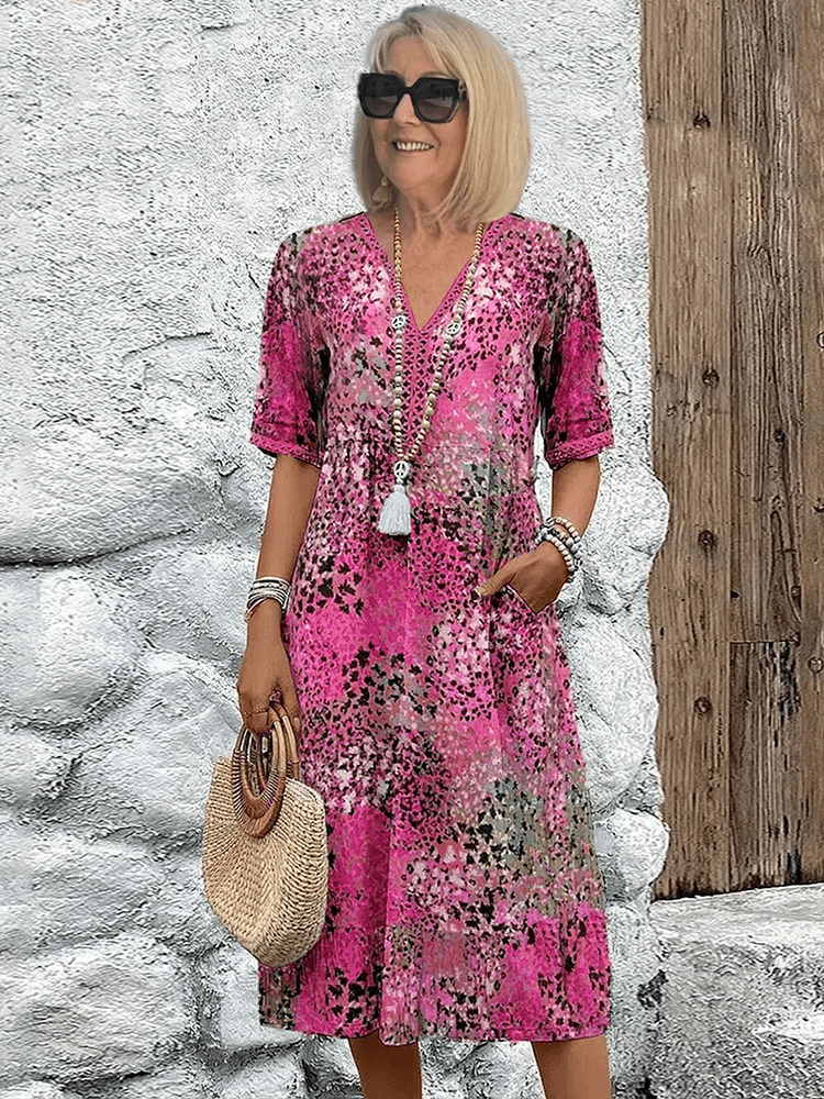 Women's Abstract Print Summer Dress with Side Pockets - Lexians