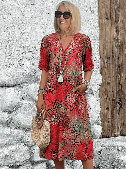 Women's Abstract Print Summer Dress with Side Pockets - Lexians