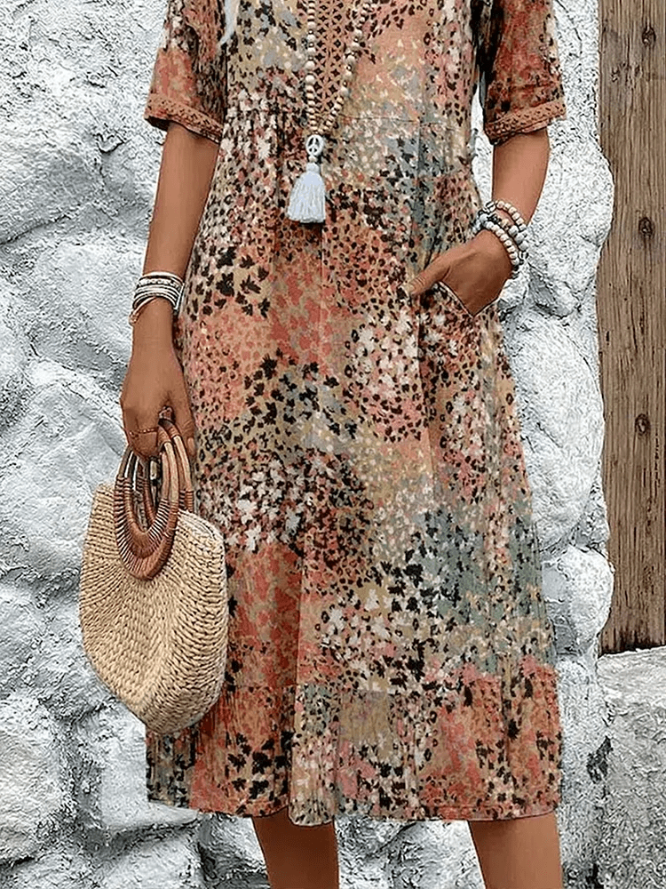 Women's Abstract Print Summer Dress with Side Pockets - Lexians
