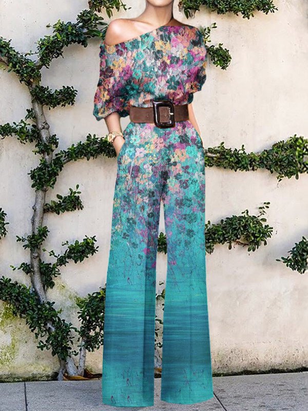 Women's Artistic Jumpsuit with Abstract Print and One - Shoulder Design - Lexians