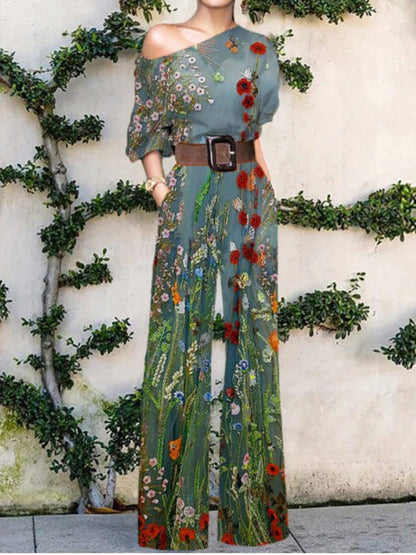 Women's Artistic Jumpsuit with Abstract Print and One - Shoulder Design - Lexians