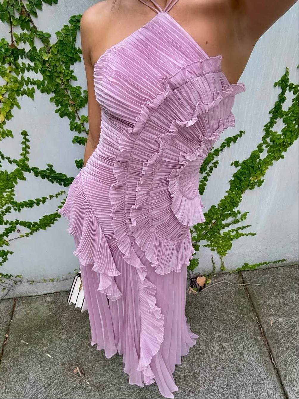 Women's Asymmetric Pleated Maxi Dress with One - Shoulder Style - Lexians