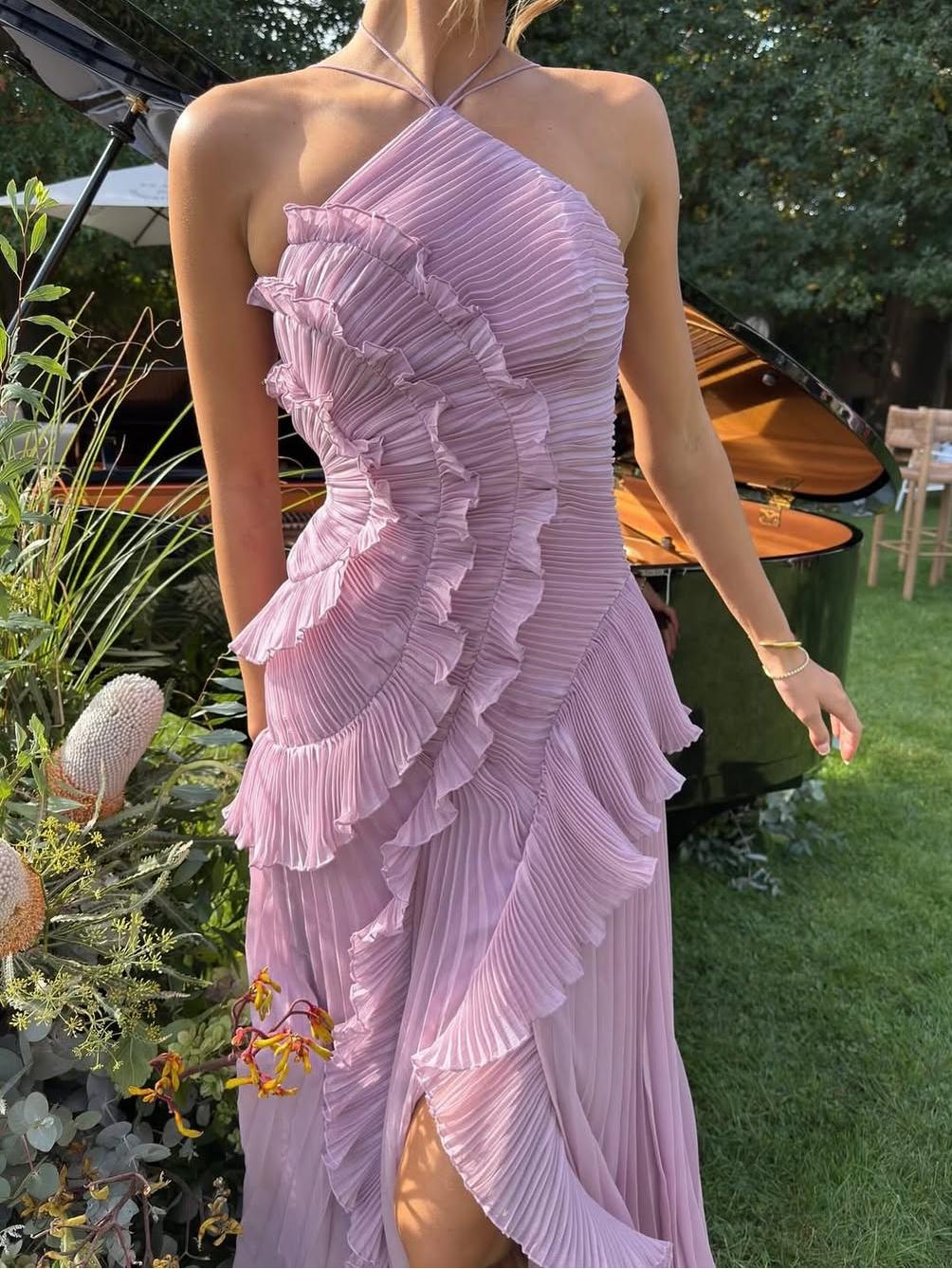 Women's Asymmetric Pleated Maxi Dress with One - Shoulder Style - Lexians