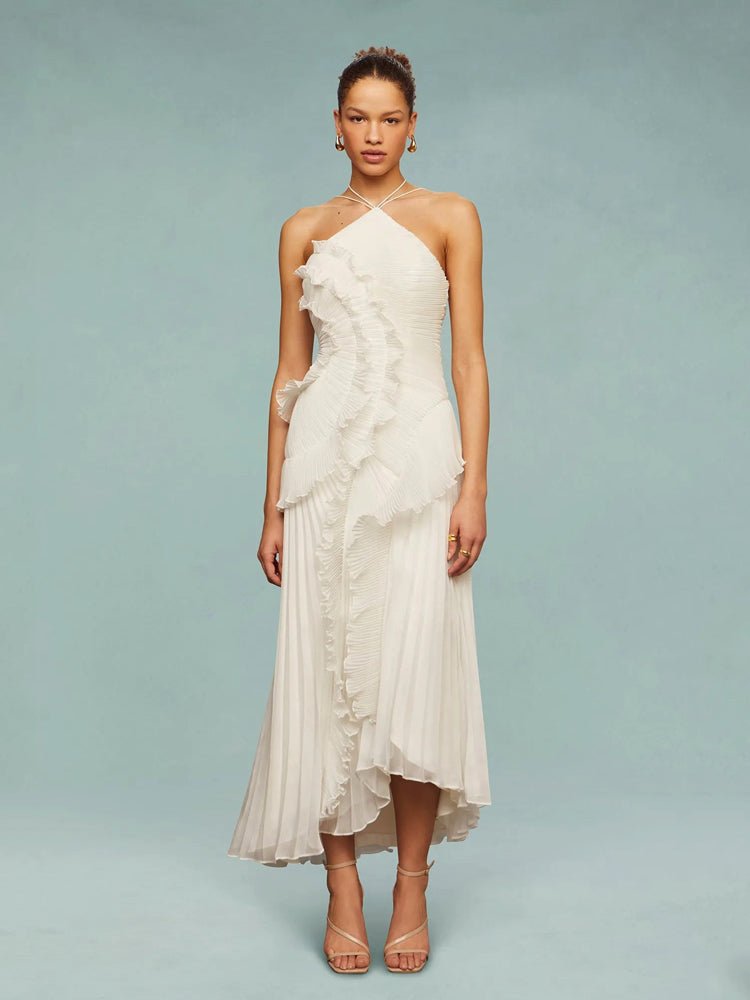 Women's Asymmetric Pleated Maxi Dress with One - Shoulder Style - Lexians