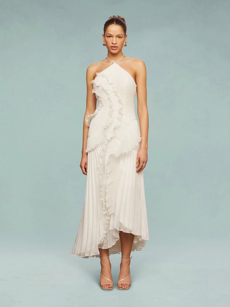 Women's Asymmetric Pleated Maxi Dress with One - Shoulder Style - Lexians