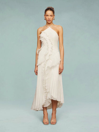 Women's Asymmetric Pleated Maxi Dress with One - Shoulder Style - Lexians