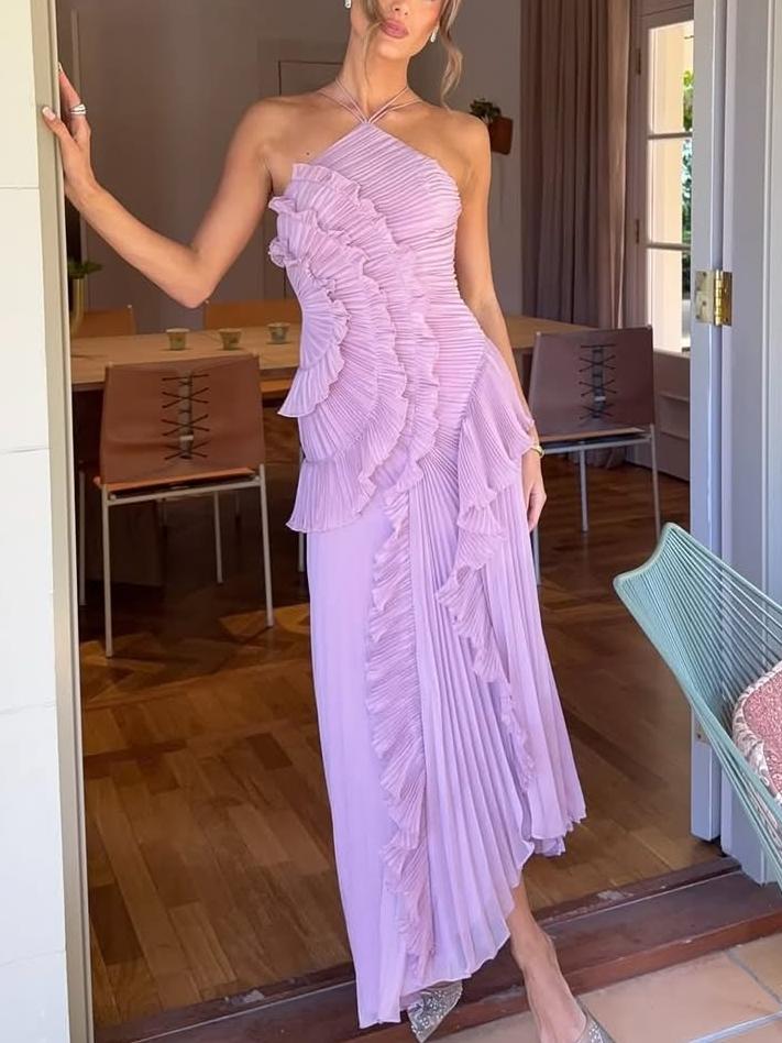 Women's Asymmetric Pleated Maxi Dress with One - Shoulder Style - Lexians