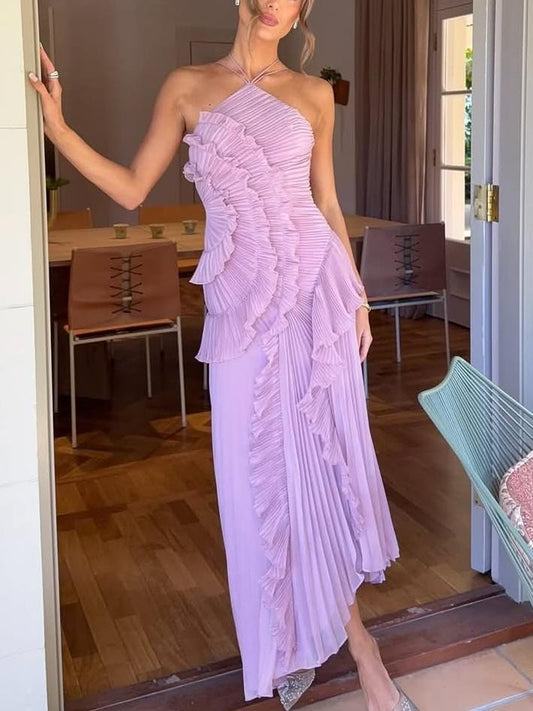 Women's Asymmetric Pleated Maxi Dress with One - Shoulder Style - Lexians