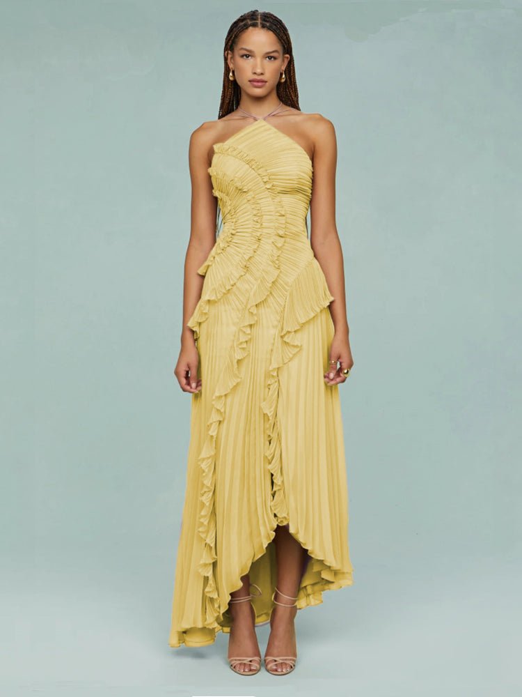Women's Asymmetric Pleated Maxi Dress with One - Shoulder Style - Lexians