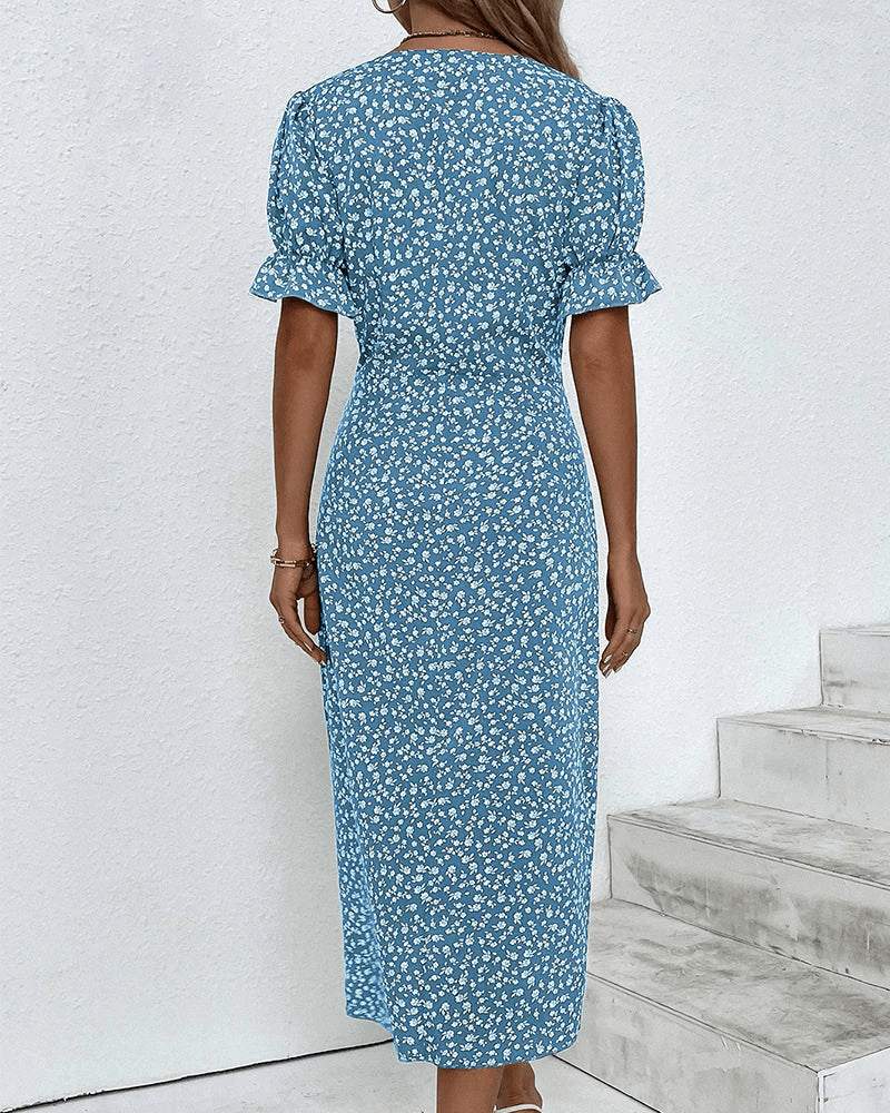 Women's Blue Floral Wrap Midi Dress with Flutter Sleeves - Lexians