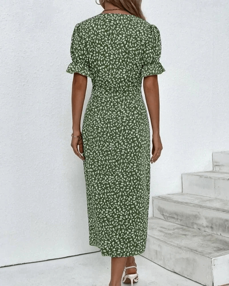 Women's Blue Floral Wrap Midi Dress with Flutter Sleeves - Lexians
