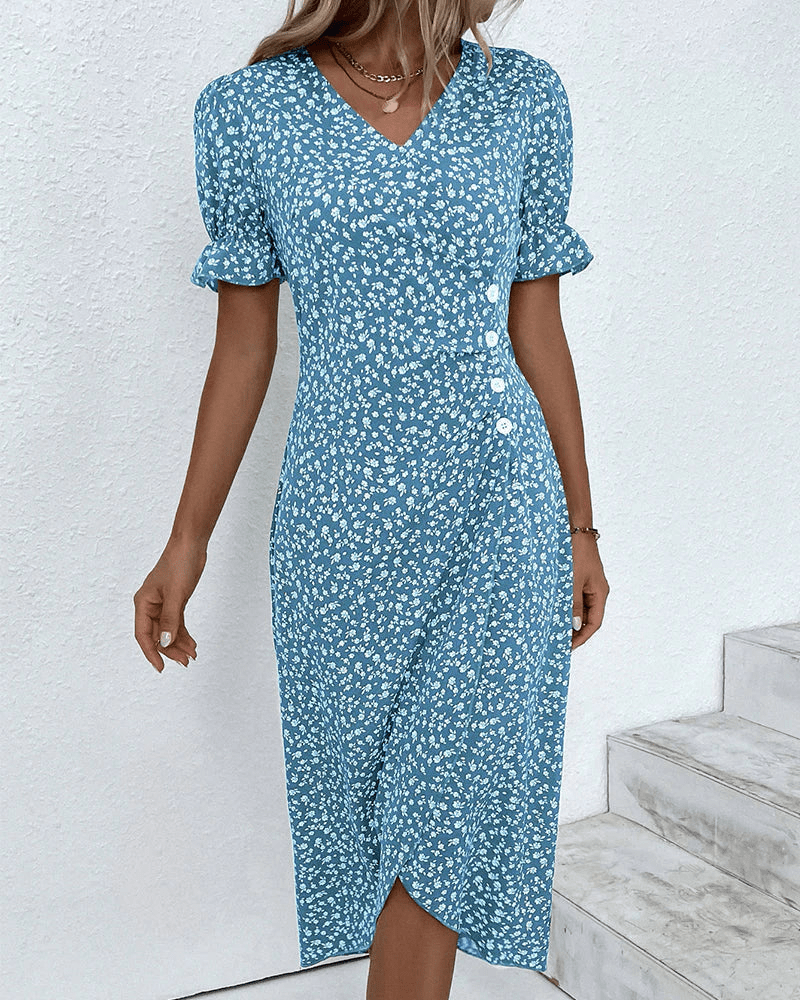 Women's Blue Floral Wrap Midi Dress with Flutter Sleeves - Lexians