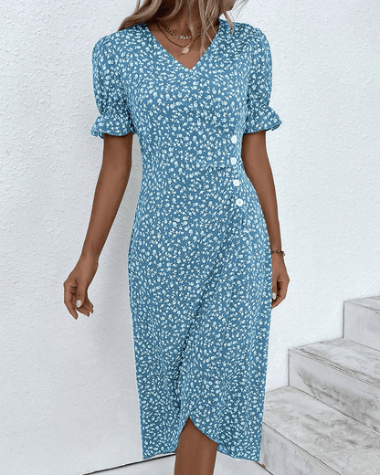 Women's Blue Floral Wrap Midi Dress with Flutter Sleeves - Lexians