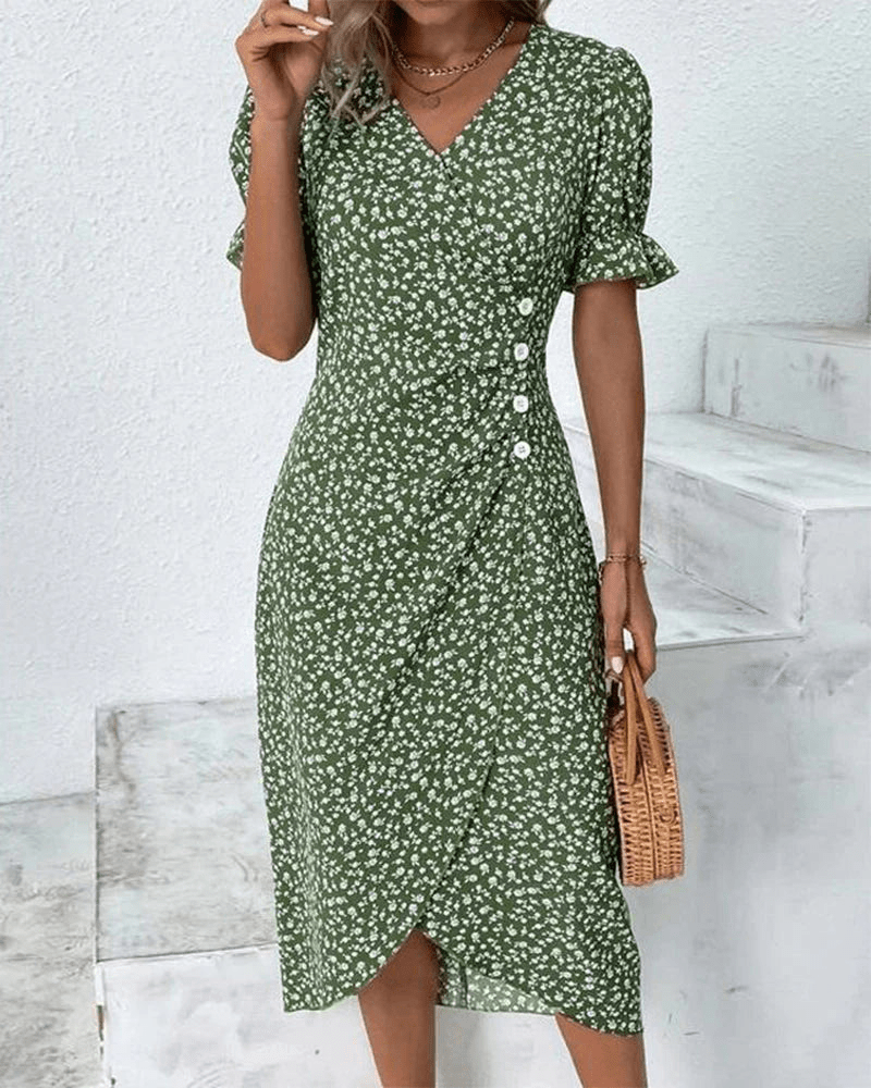 Women's Blue Floral Wrap Midi Dress with Flutter Sleeves - Lexians