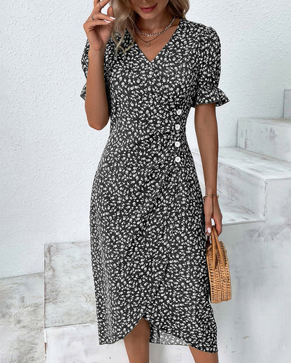 Women's Blue Floral Wrap Midi Dress with Flutter Sleeves - Lexians