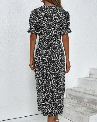 Women's Blue Floral Wrap Midi Dress with Flutter Sleeves - Lexians
