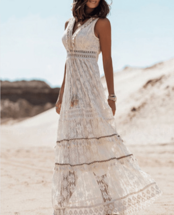 Women's Boho Maxi Dress with Lace - Beige/White - Lexians