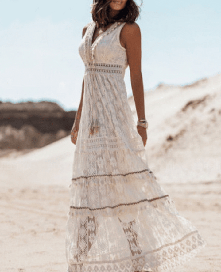 Women's Boho Maxi Dress with Lace - Beige/White - Lexians