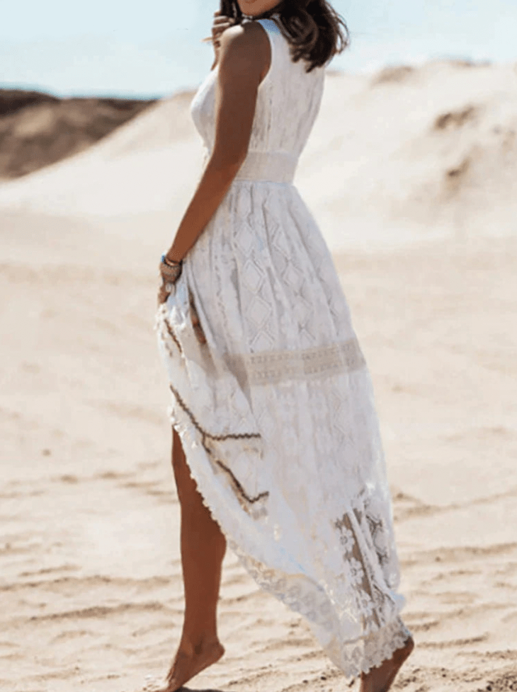 Women's Boho Maxi Dress with Lace - Beige/White - Lexians