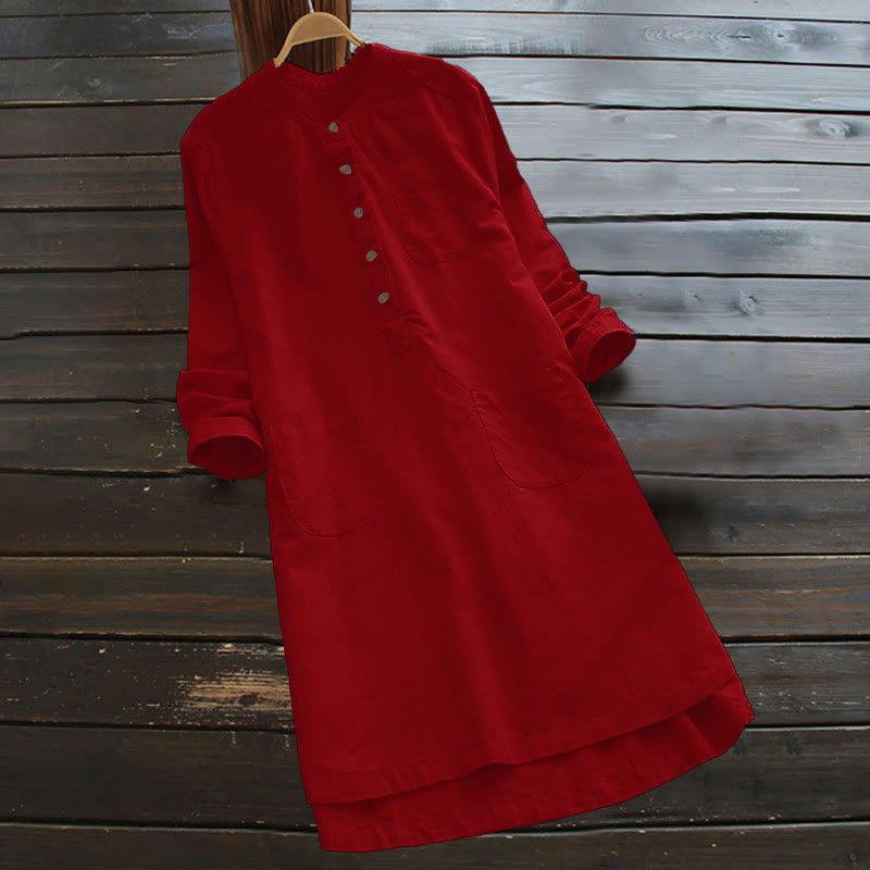 Women's Cotton Linen Shirt Dress with Pockets and Buttons - Lexians