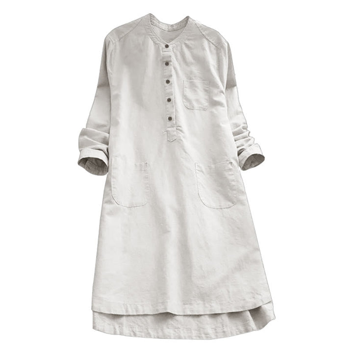 Women's Cotton Linen Shirt Dress with Pockets and Buttons - Lexians