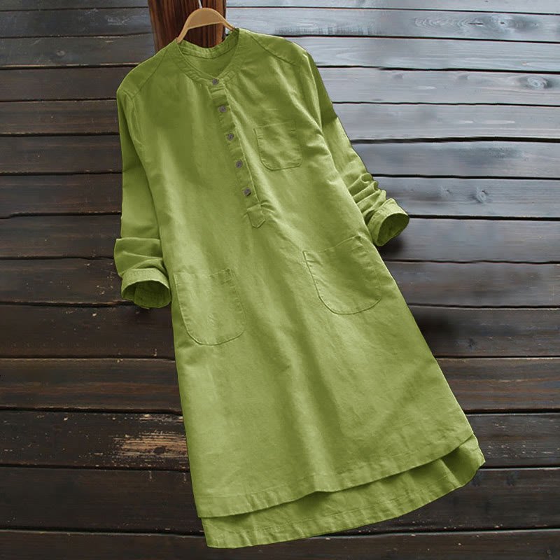 Women's Cotton Linen Shirt Dress with Pockets and Buttons - Lexians