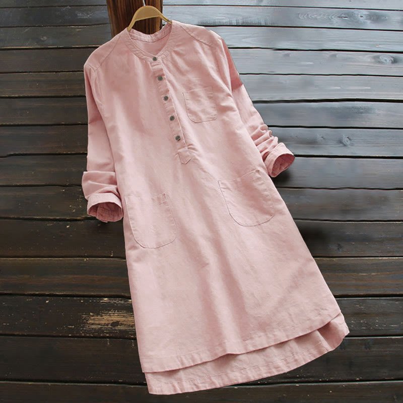 Women's Cotton Linen Shirt Dress with Pockets and Buttons - Lexians