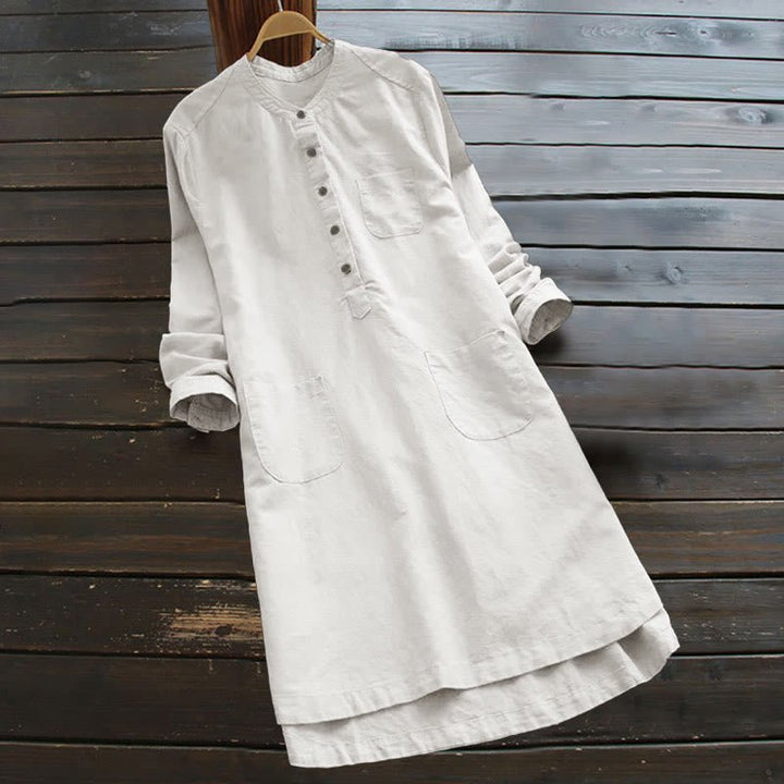 Women's Cotton Linen Shirt Dress with Pockets and Buttons - Lexians