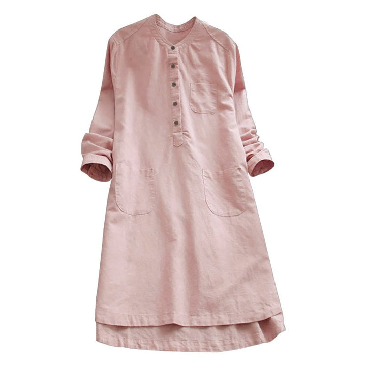 Women's Cotton Linen Shirt Dress with Pockets and Buttons - Lexians