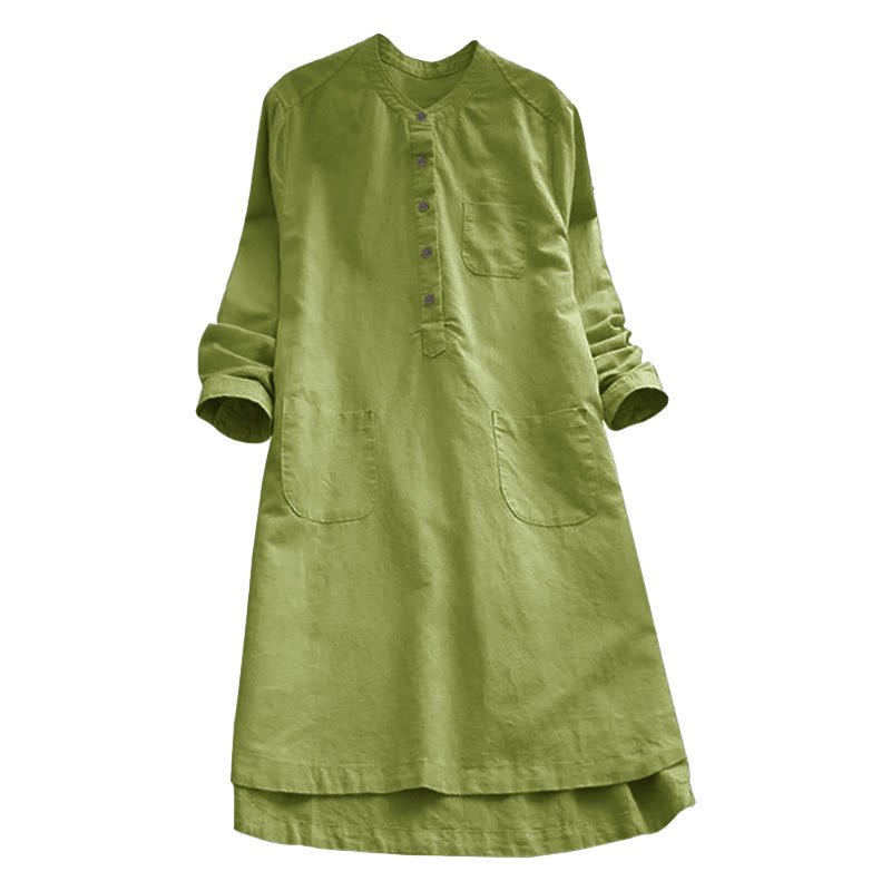 Women's Cotton Linen Shirt Dress with Pockets and Buttons - Lexians