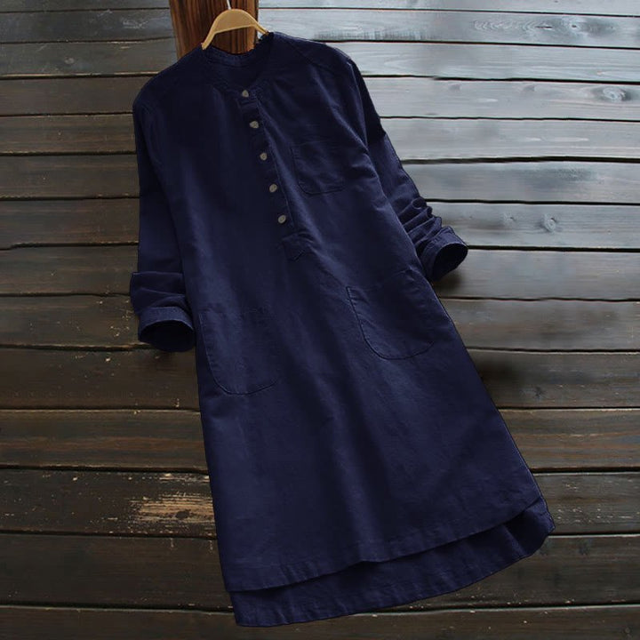 Women's Cotton Linen Shirt Dress with Pockets and Buttons - Lexians