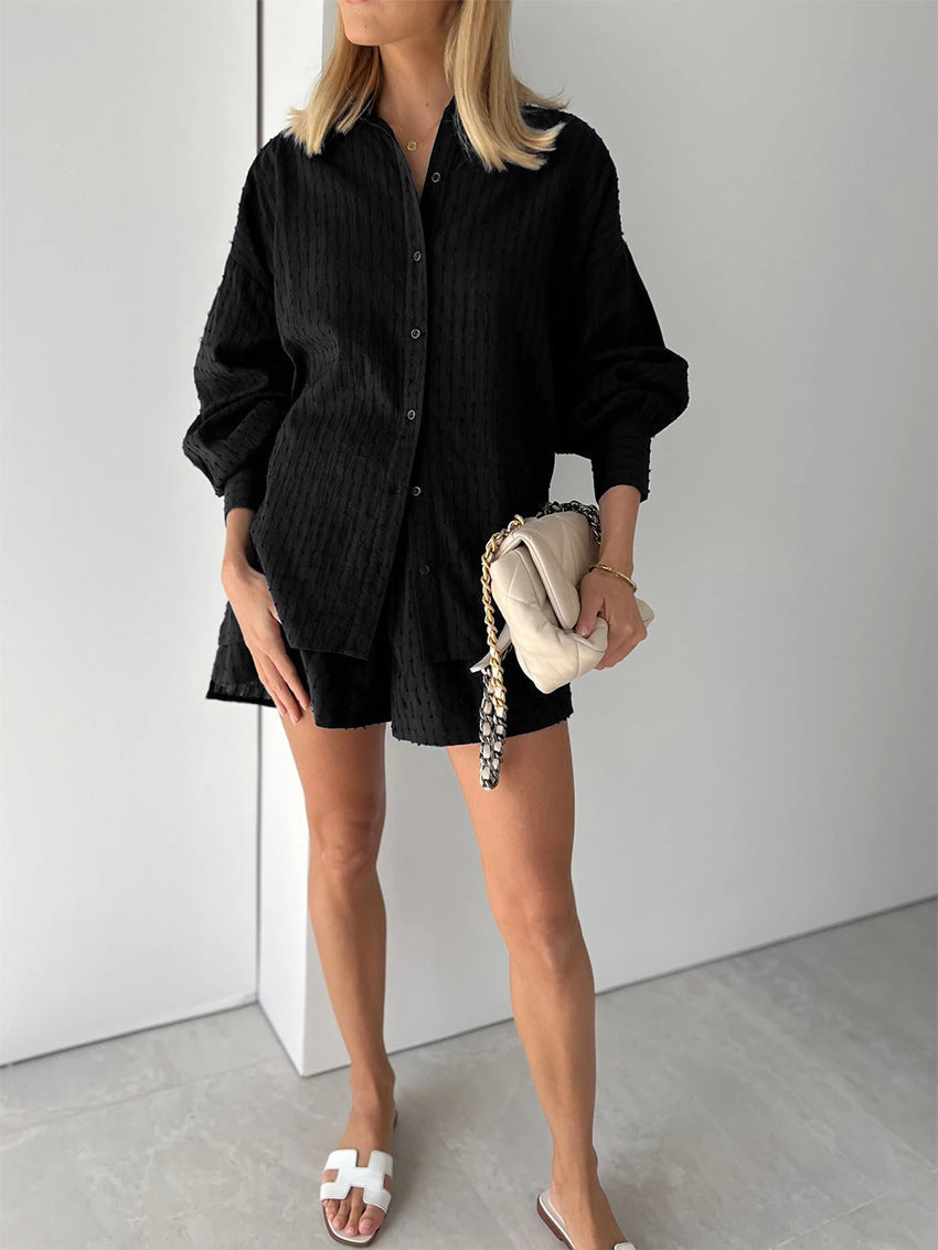 Women's cotton summer set, featuring lightweight, breathable fabric with tonal stripes, ideal for casual summer outings.