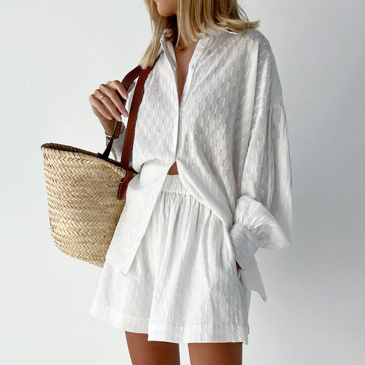 Women's cotton summer set, featuring lightweight, breathable fabric with tonal stripes, ideal for casual summer outings.