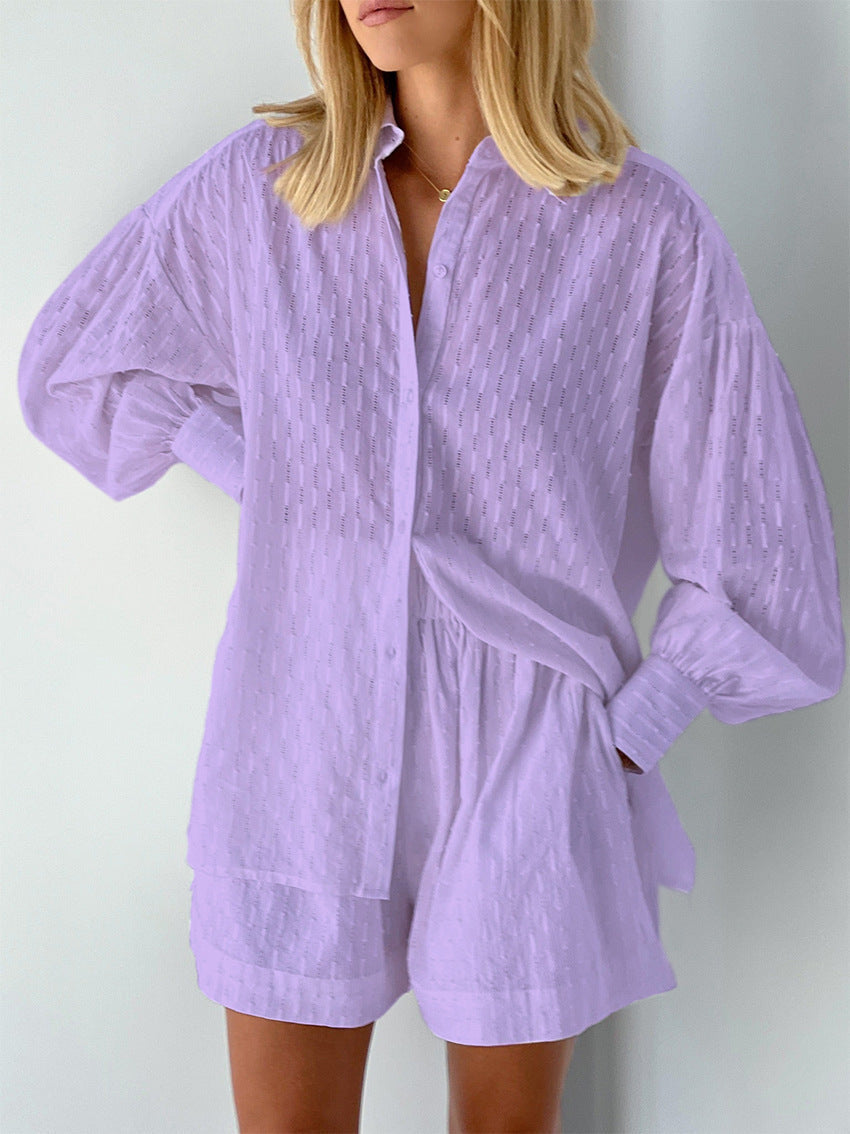 Women's cotton summer set, featuring lightweight, breathable fabric with tonal stripes, ideal for casual summer outings.