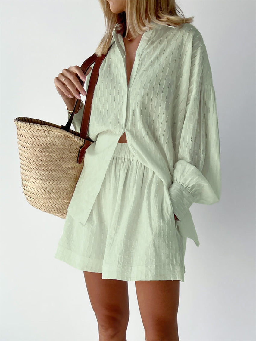 Women's cotton summer set, featuring lightweight, breathable fabric with tonal stripes, ideal for casual summer outings.