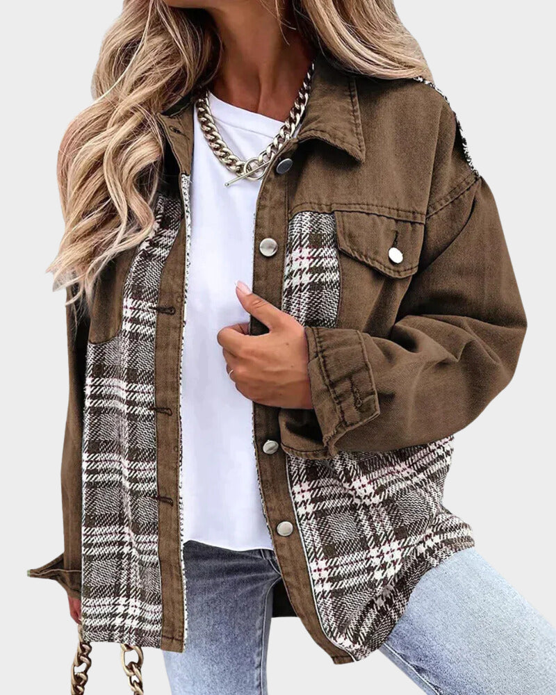 Classic yet modern women's long sleeve denim jacket with a chic button-front, perfect for casual style.