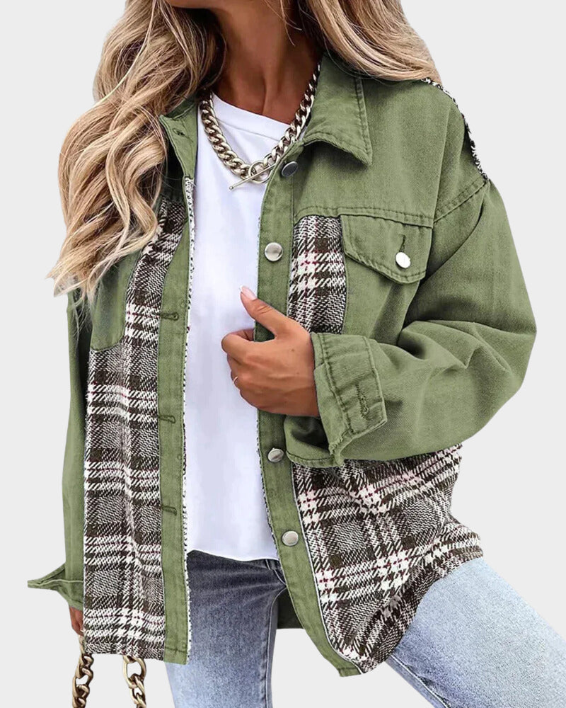 Women's chic denim jacket, button-front, perfect for modern fashion & everyday wear.
