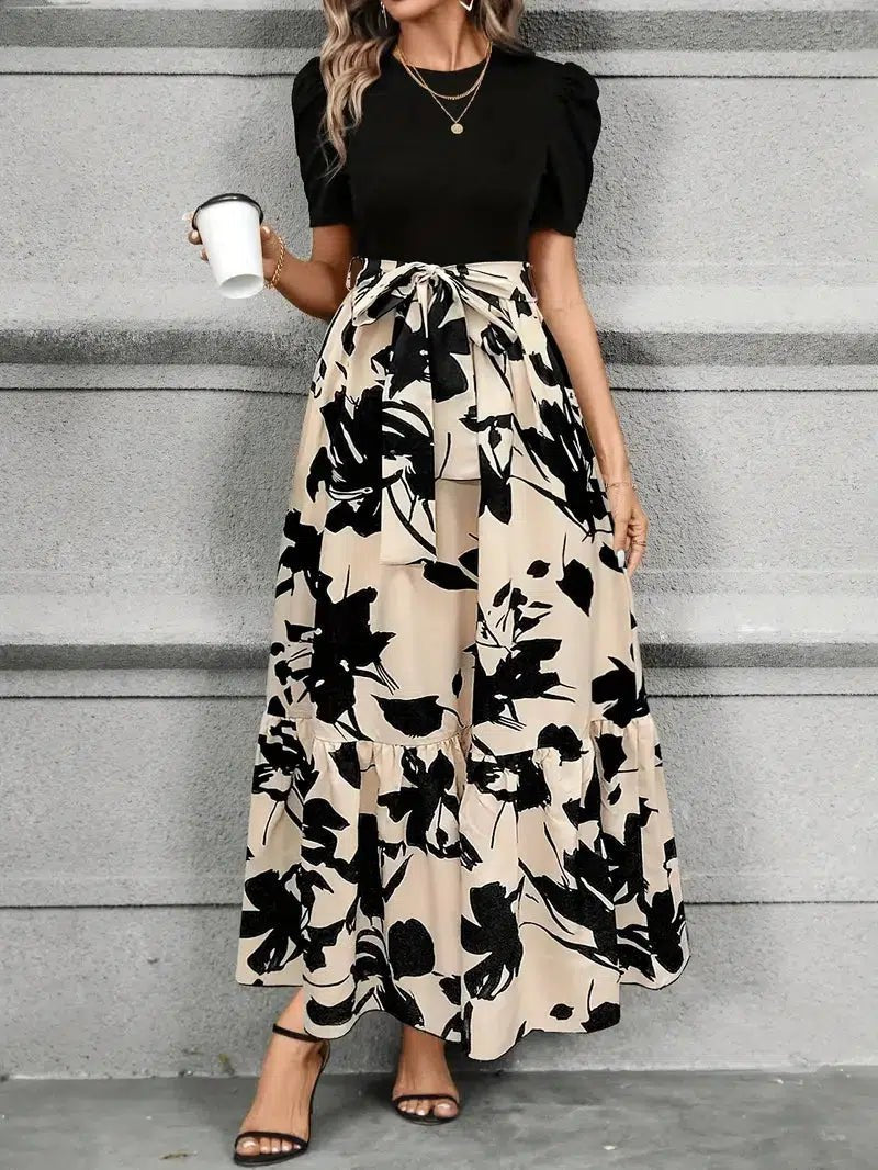 Women's Elegant Floral Maxi Dress with Tie - Front Bow - Lexians