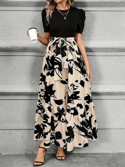 Women's Elegant Floral Maxi Dress with Tie - Front Bow - Lexians