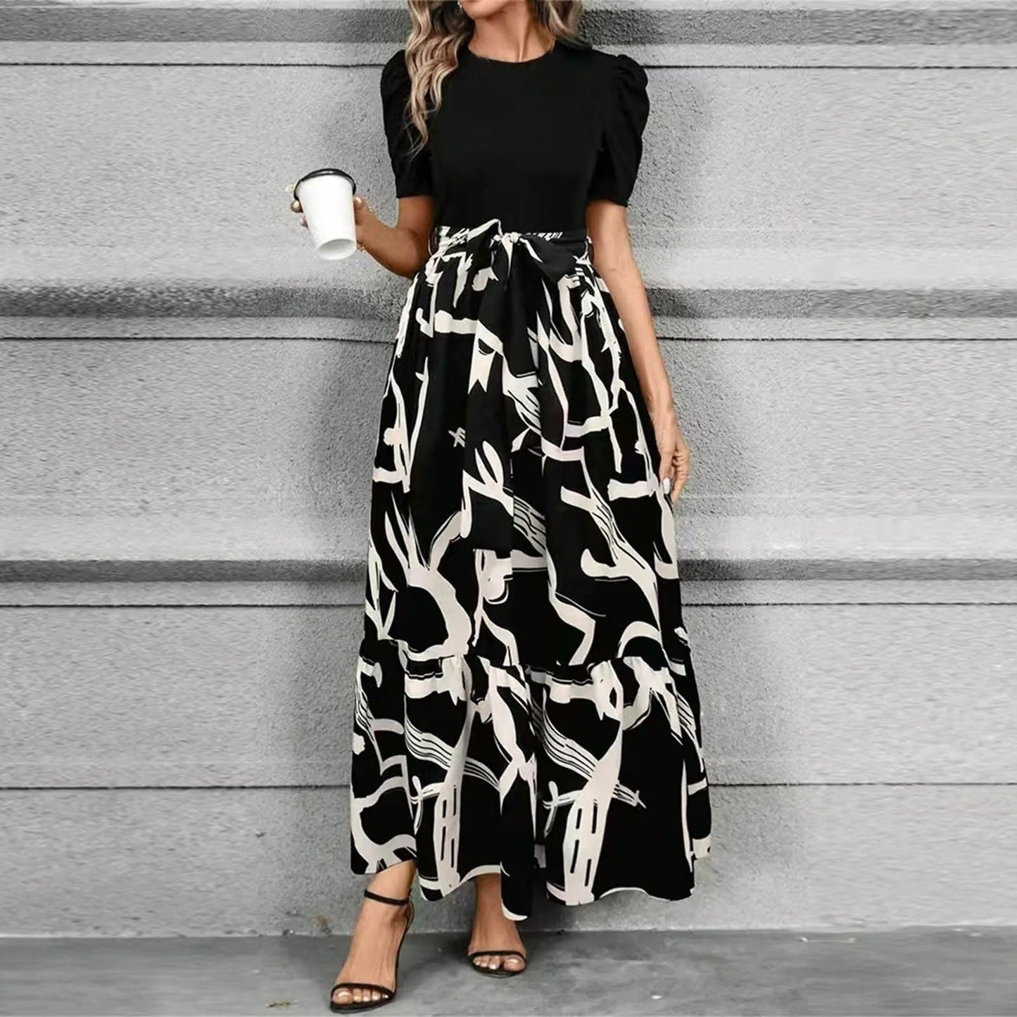 Women's Elegant Floral Maxi Dress with Tie - Front Bow - Lexians