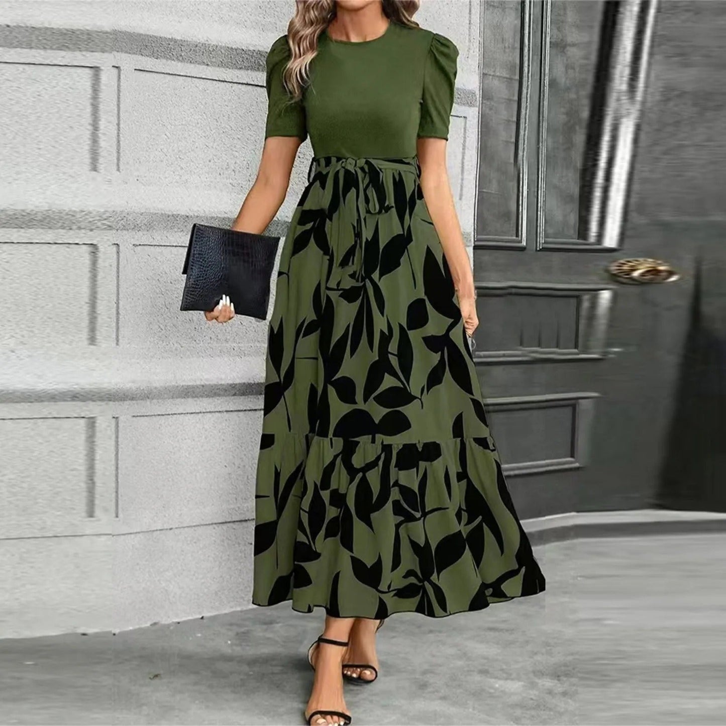 Women's Elegant Floral Maxi Dress with Tie - Front Bow - Lexians