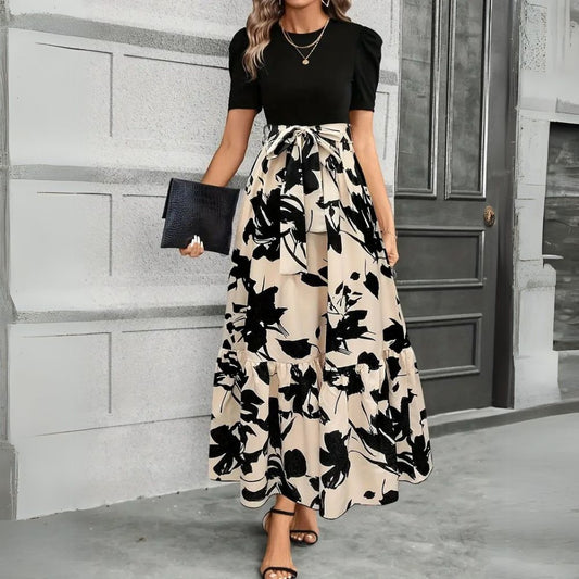 Women's Elegant Floral Maxi Dress with Tie - Front Bow - Lexians