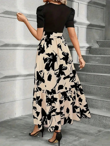 Women's Elegant Floral Maxi Dress with Tie - Front Bow - Lexians