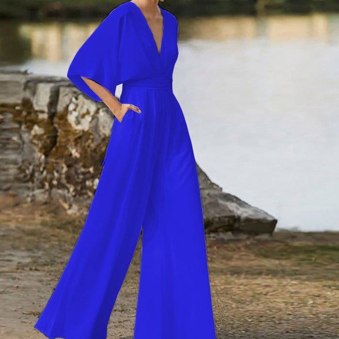 Women's Elegant V - Neck Jumpsuit with Half Sleeves in Cotton Blend - Lexians