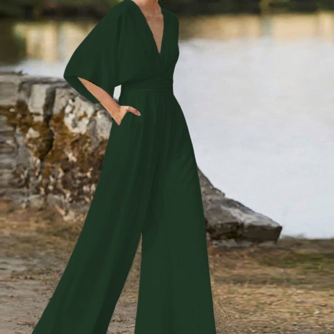 Women's Elegant V - Neck Jumpsuit with Half Sleeves in Cotton Blend - Lexians